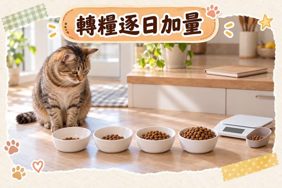 香港家居廚房,主人用電子磅將貓糧分成四份放喺四個白碗,旁邊一本筆記簿記錄便便狀況,一隻虎斑貓坐喺旁邊