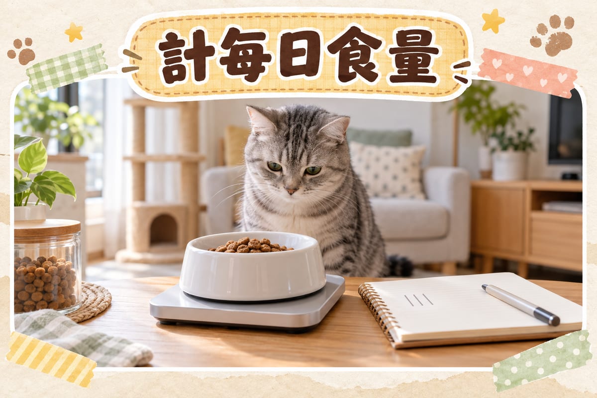 香港家居客廳,主人用小型電子磅量度貓碗內嘅乾糧份量,旁邊筆記簿寫住每日食量同包裝克數,一隻灰白虎斑貓喺碗前等食