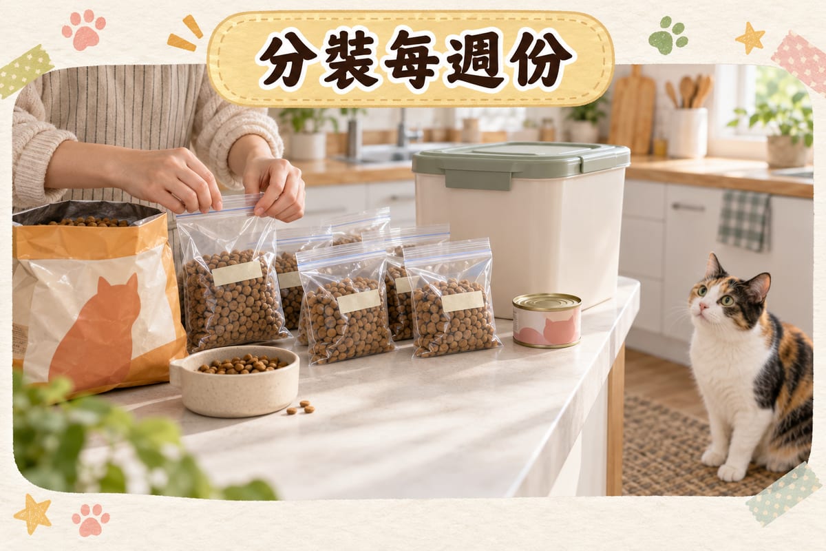 香港家居廚房,主人將一包貓糧分成幾份倒入密封袋並寫上日期,旁邊有幾個已封好嘅每週份小袋同一個糧桶