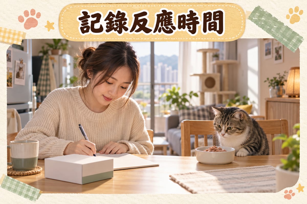 主人喺餐枱前翻開逐日紀錄，旁邊放住藥盒同餵藥針筒，短毛虎斑貓坐喺對面等食