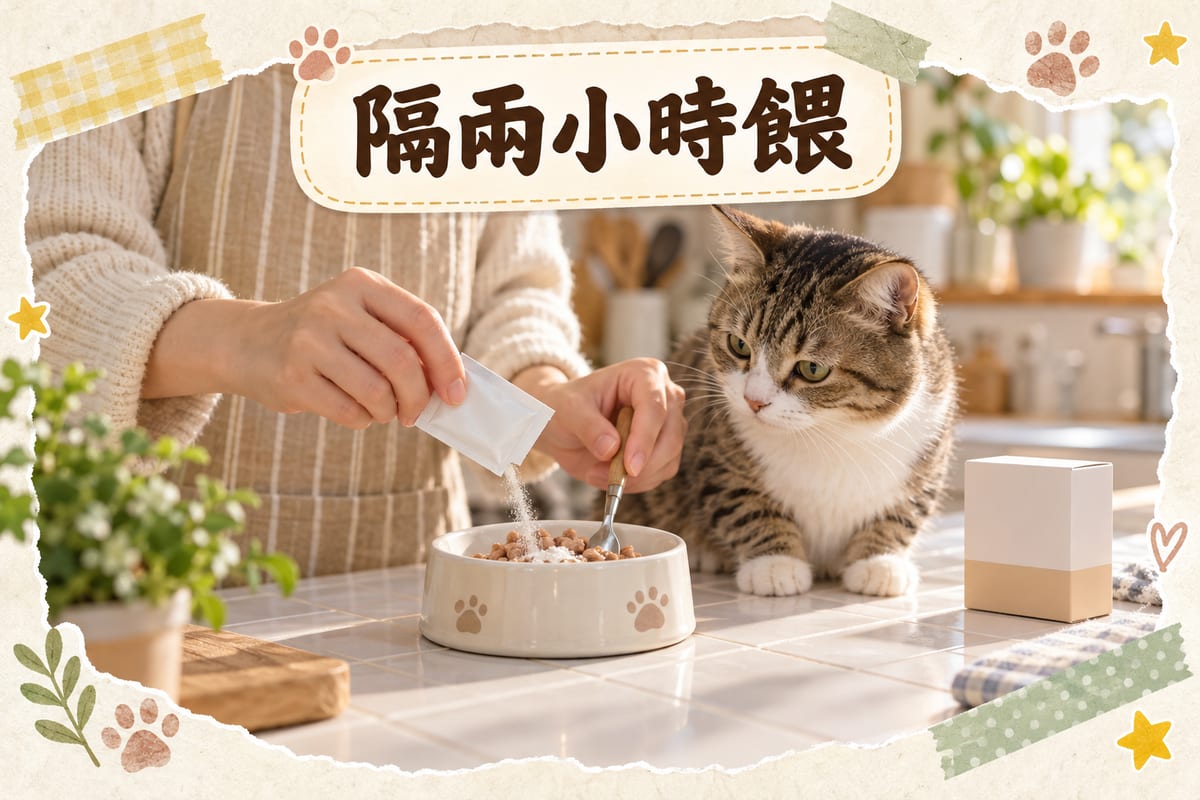 主人將益生菌粉倒入碗中拌勻，旁邊放住藥盒同另一碗沒加藥嘅濕糧，短毛家貓喺旁邊等食