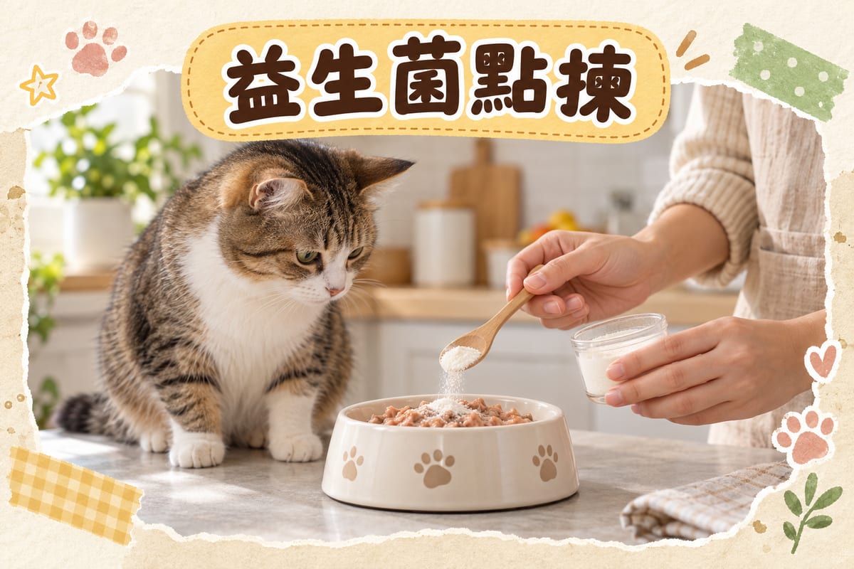 貓咪同狗狗益生菌產品比較圖，展示咀嚼片同粉劑包裝同標籤菌株名稱