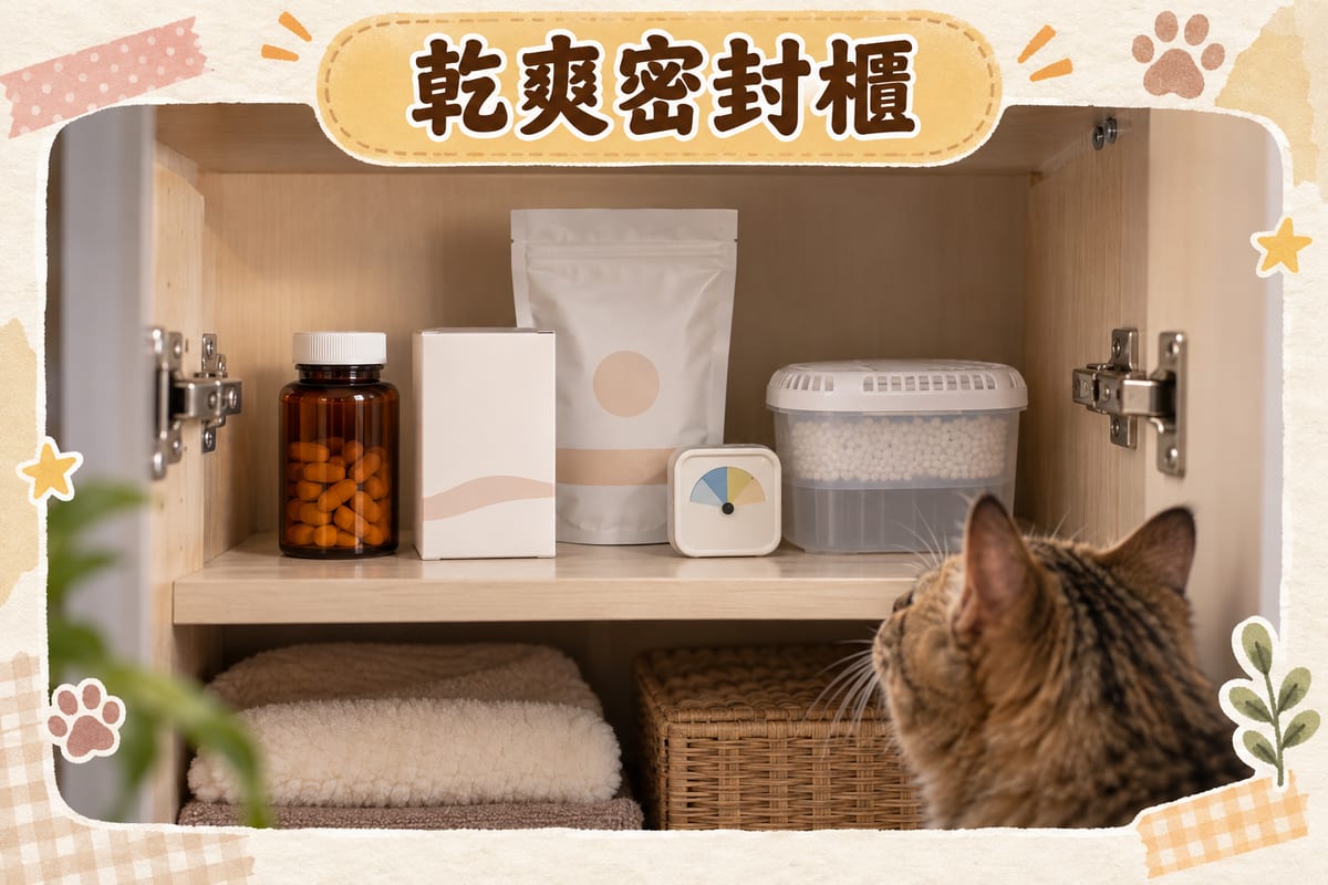 密封藥盒同避光藥瓶放喺睡房乾爽矮櫃,櫃旁有除濕盒同開封日期貼紙