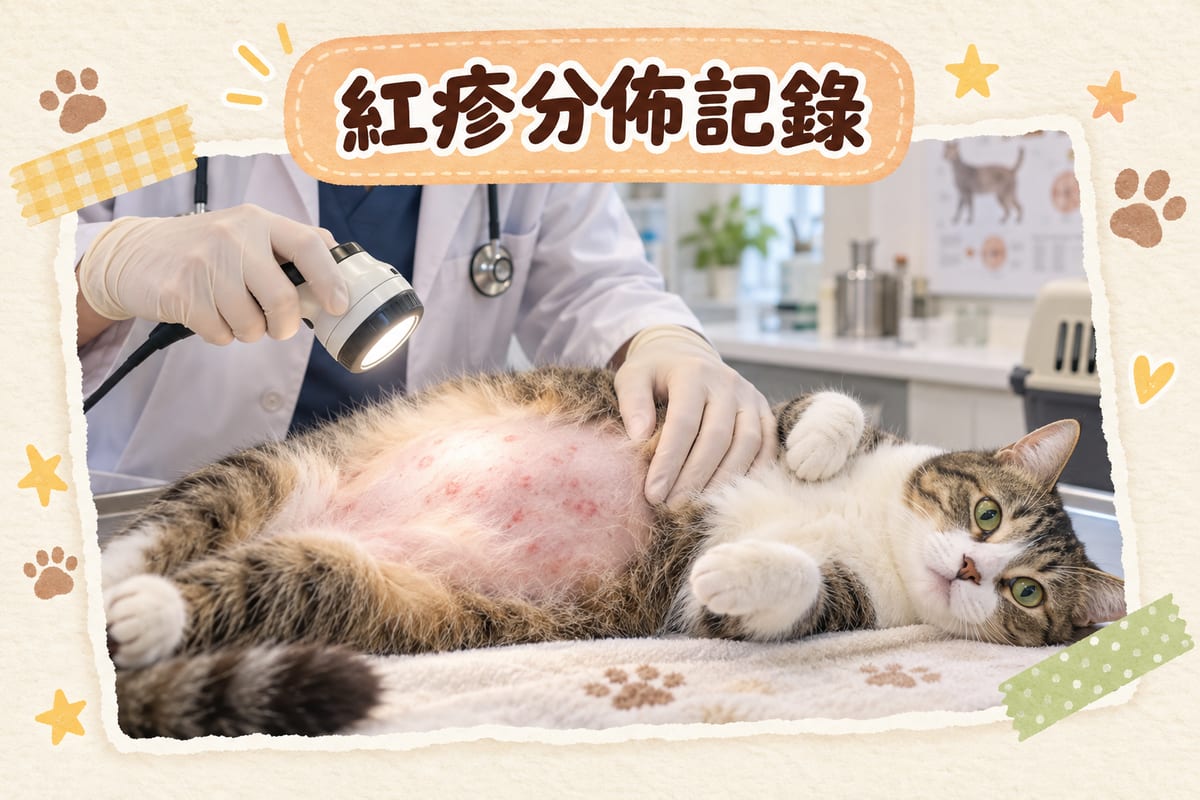 食物敏感與環境敏感對照圖：兩隻毛孩並排，左邊標示面部、耳道、腳掌位置，右邊標示腹部、腋下、腹股溝位置，中間列出季節性與全年持續的差異