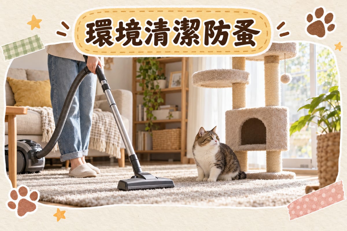 日常護理時間表圖卡：以一星期七格行事曆形式呈現，標示梳毛、檢查耳道、清潔環境等項目，旁邊有除濕機與清潔工具示意