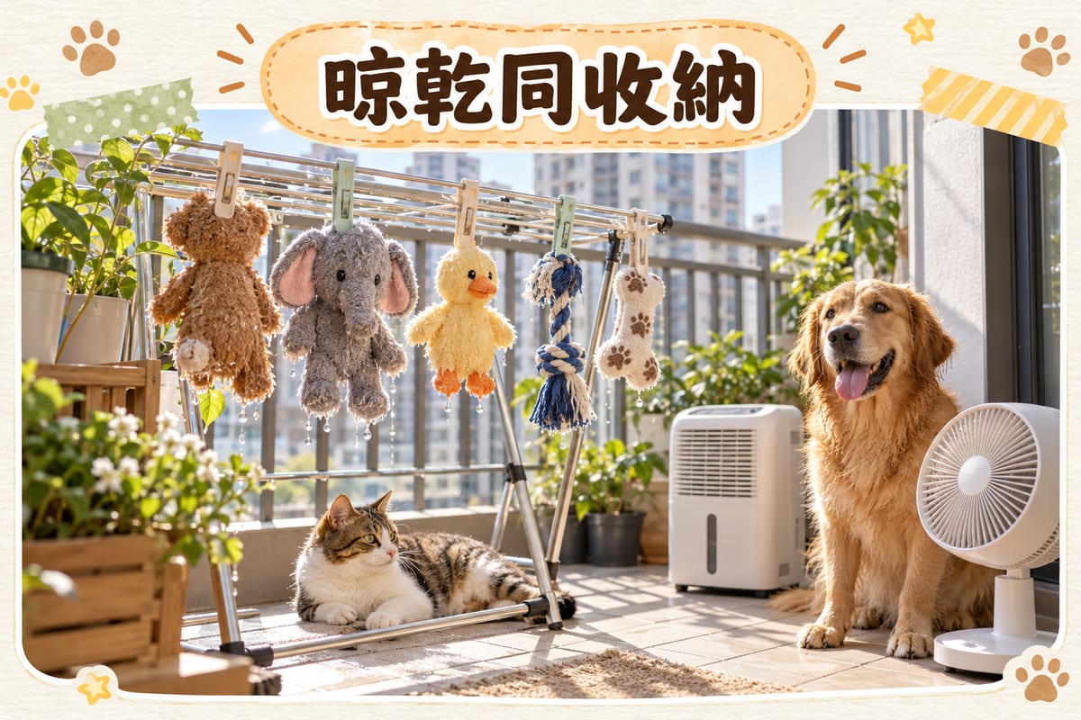 香港單位陽台晾架上掛住洗完嘅布絨寵物玩具同繩結玩具，旁邊有抽濕機運作