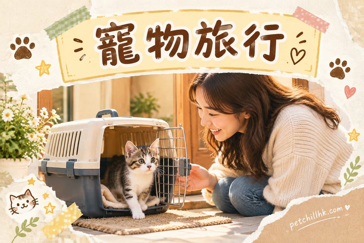 主人拖住行李箱,隔離放住一個入面有貓嘅外出航空箱,準備出發旅行場景