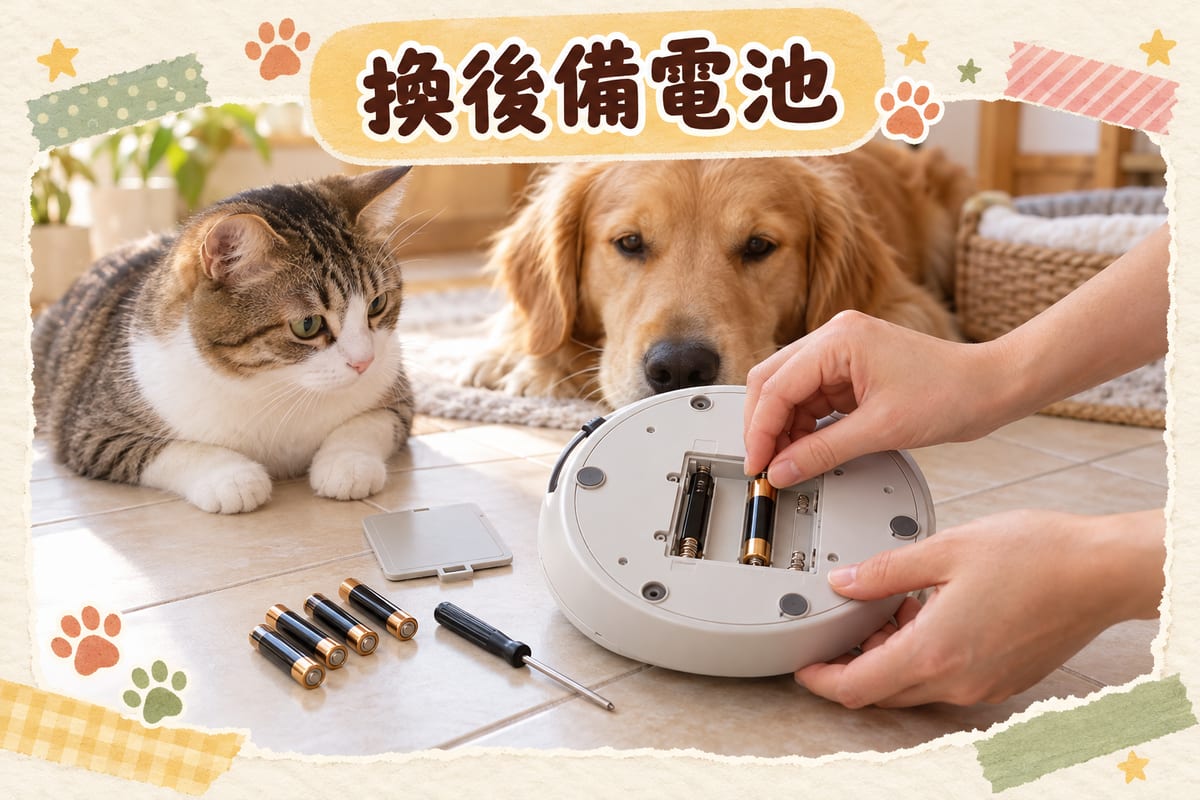 主人打開餵食器底部電池倉，準備一次過換入 5 粒全新 AAA 鹼性電池，旁邊放住螺絲批