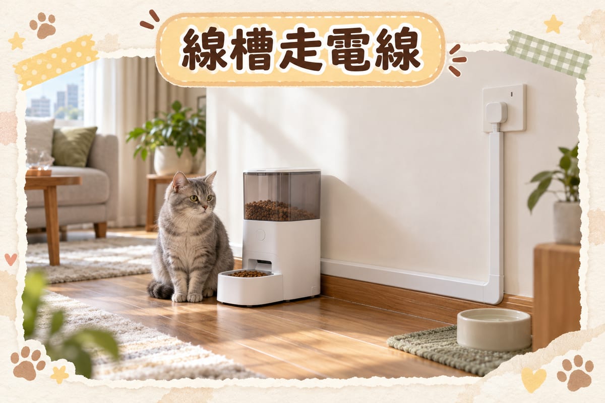 香港家居客廳，自動餵食器沿牆腳用線槽走線，貓咪坐喺旁邊，插座位置遠離水源同寵物活動路線