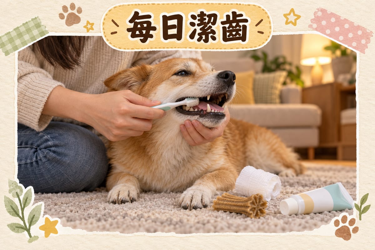 主人用軟毛寵物牙刷沾住寵物牙膏,幫狗狗清潔後齒,旁邊放住潔齒零食
