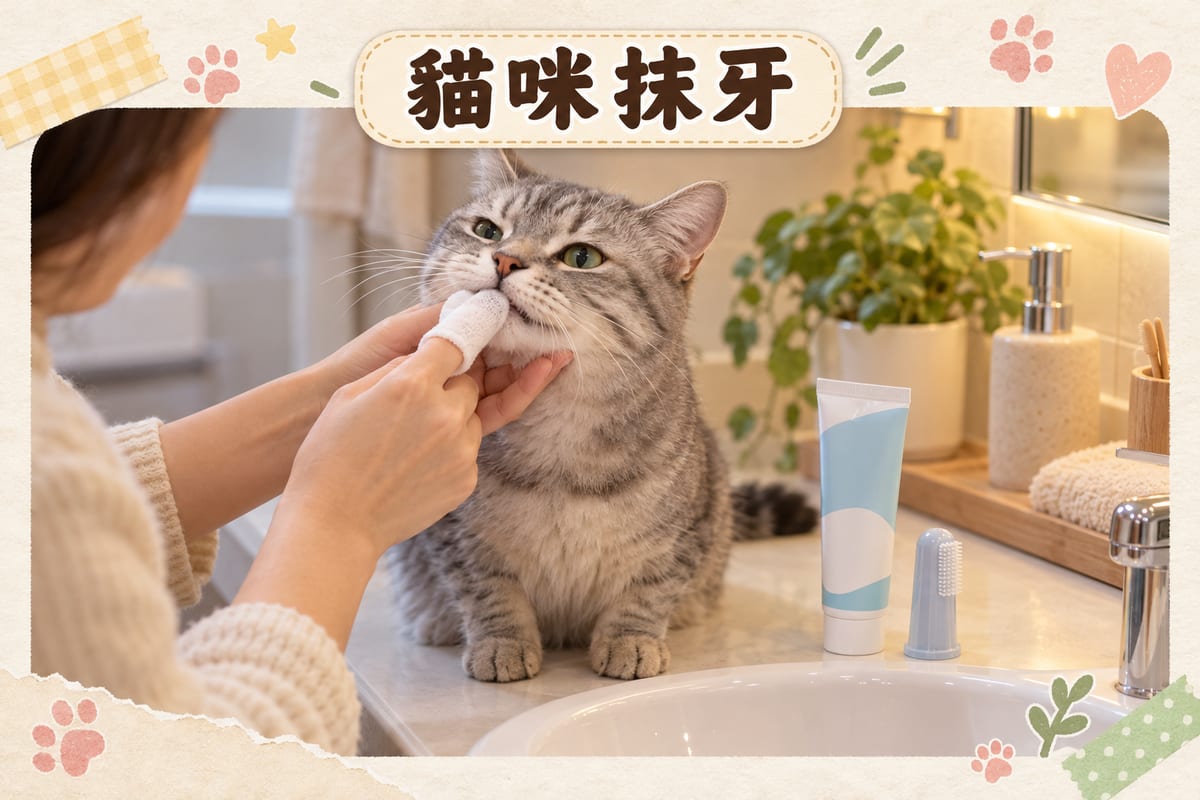 主人喺浴室燈光下幫貓咪抹牙,枱面放住指套牙刷同寵物牙膏