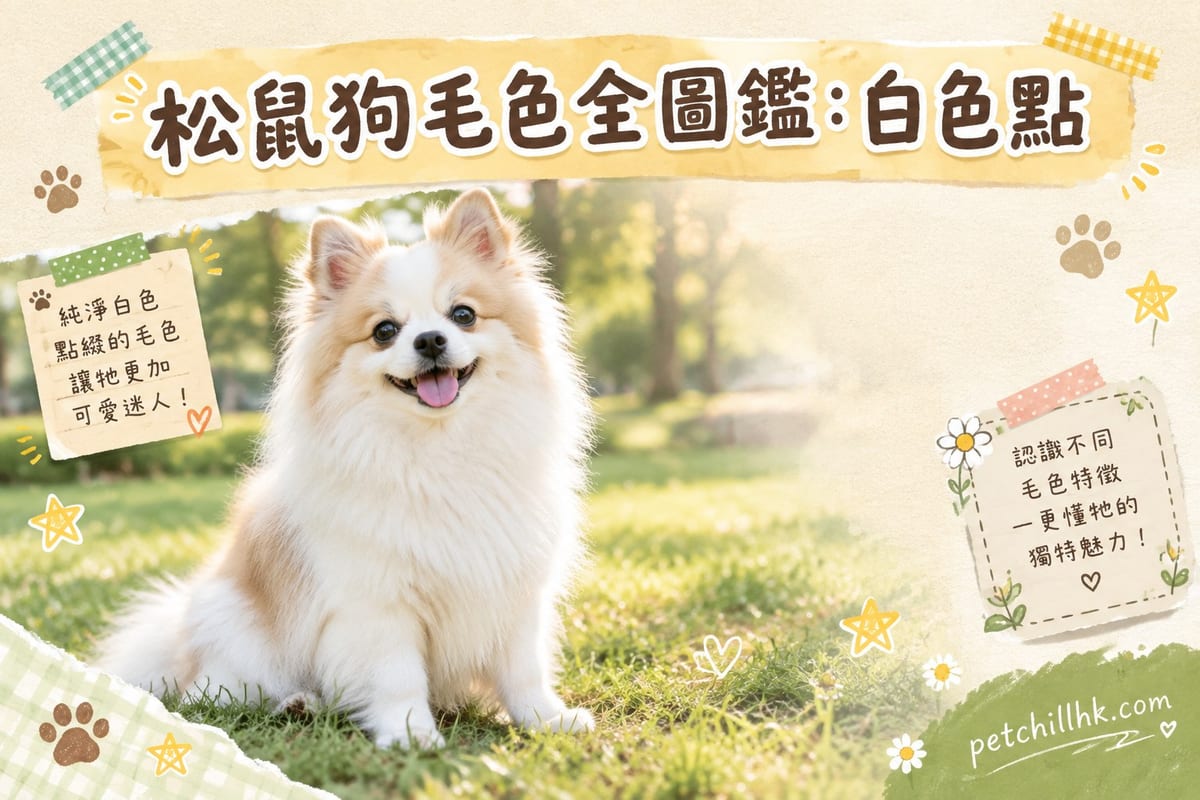 四隻唔同毛色嘅松鼠狗並排坐喺淺色地板,白橙黑奶油各一