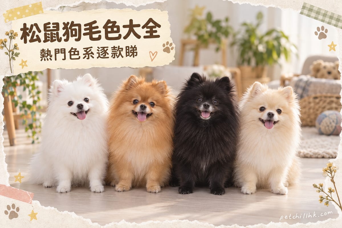 四隻唔同毛色嘅松鼠狗並排坐喺淺色地板，白橙黑奶油各一
