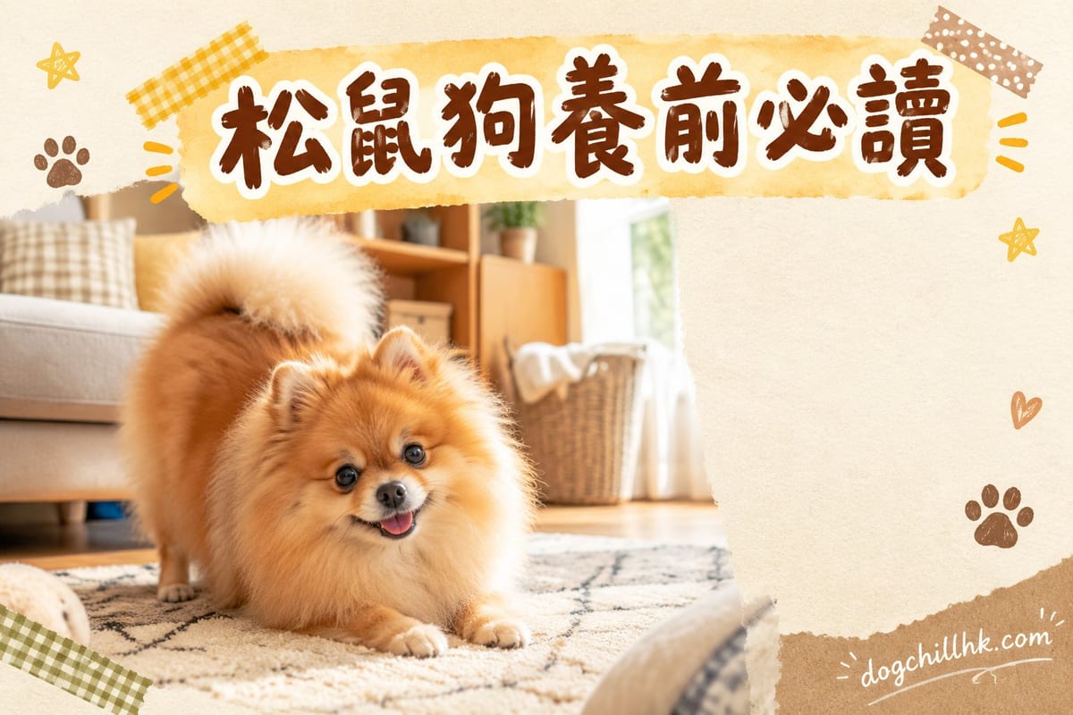 橙色松鼠狗坐喺木地板望住鏡頭,旁邊放住吸塵器同梳毛工具