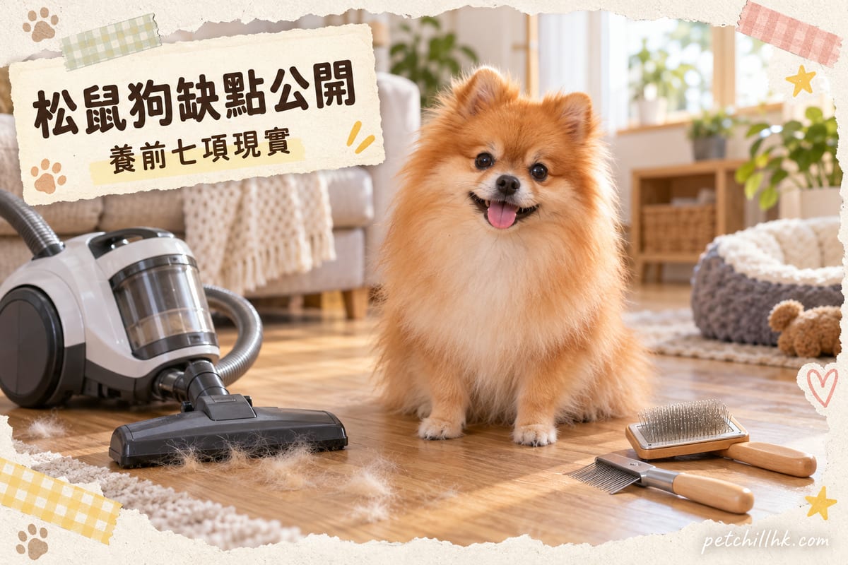 橙色松鼠狗坐喺木地板望住鏡頭，旁邊放住吸塵器同梳毛工具