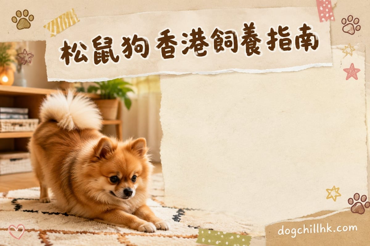 松鼠狗企喺香港唐樓窗邊,窗外係密集住宅大廈,狗隻毛色橙白