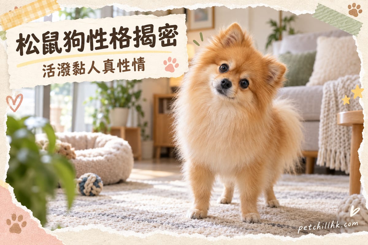 橙色松鼠狗望住鏡頭側頭傾聽，背景係香港家居客廳