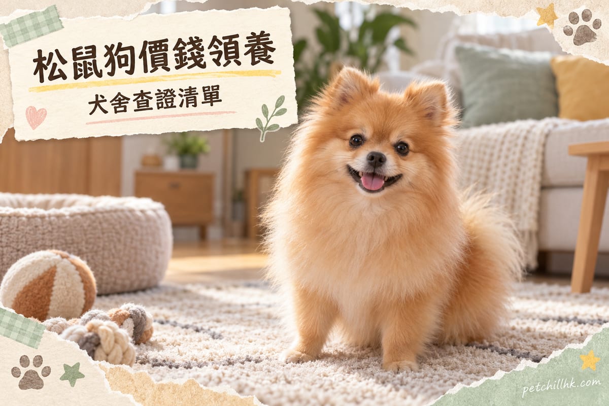 橙色松鼠狗坐喺香港客廳地毯上，望住鏡頭，毛髮蓬鬆有光澤