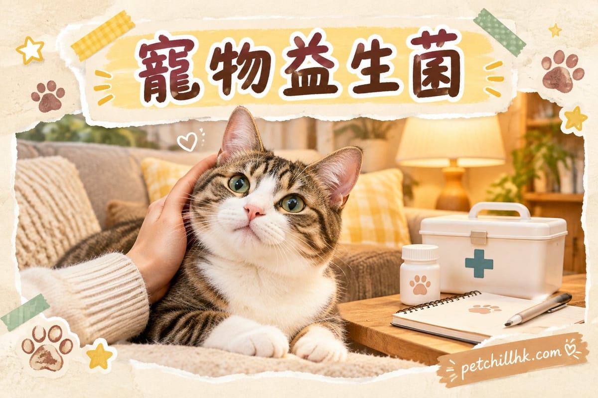 主人將益生菌粉拌入貓糧，一隻灰色貓坐喺餐碗前等食，枱邊放住益生菌沖劑包裝