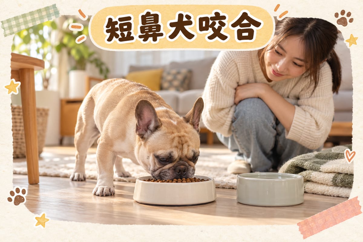 法國鬥牛犬喺香港家中地板食碗入面嘅細顆粒乾糧，主人蹲喺旁邊觀察