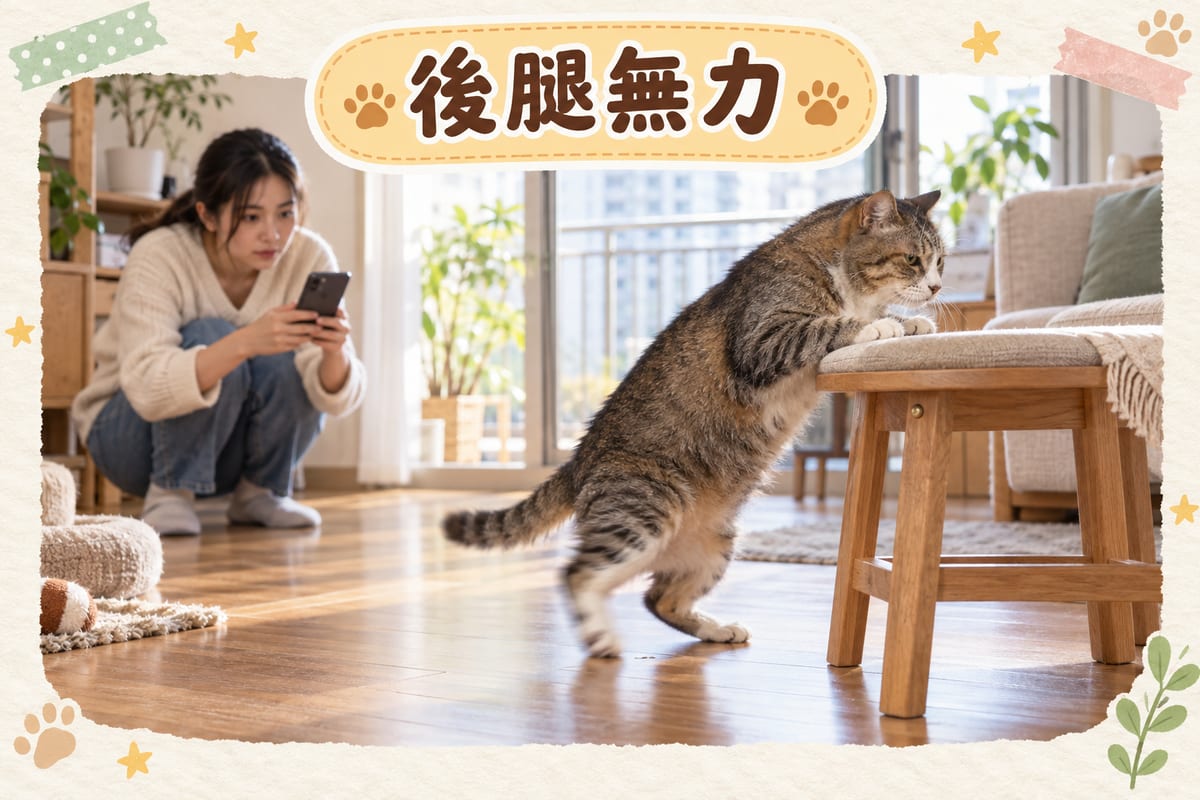 老貓喺客廳地板嘗試跳上矮凳但後腿無力,主人蹲低觀察佢嘅步態同落地穩定性