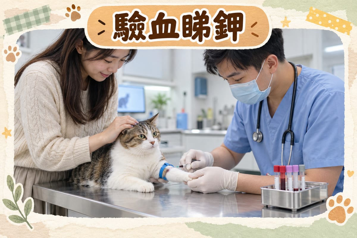 獸醫診所內,獸醫用止血帶固定老貓前肢抽血準備驗血鉀,主人喺旁邊輕撫貓咪頭部