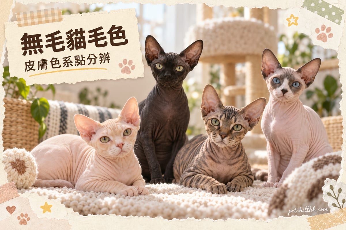 四隻唔同皮膚色號嘅無毛貓並排：淺奶油色、黑色、虎斑紋同粉白重點色