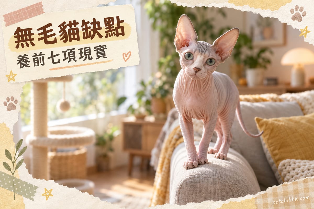 一隻無毛貓企喺梳化手臂上，皮膚皺紋同大耳仔清晰可見，望住鏡頭