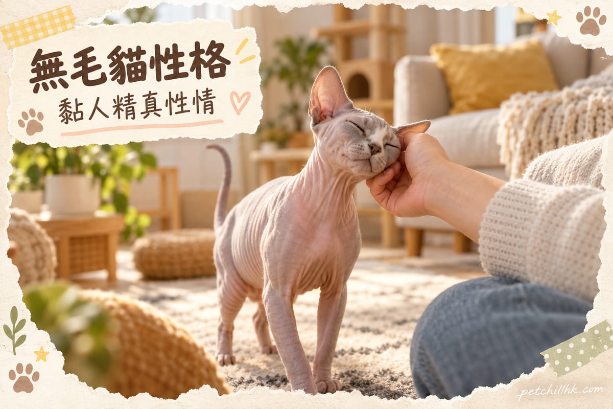 無毛貓企起身用頭peg住主人隻手撒嬌，背景係溫暖客廳