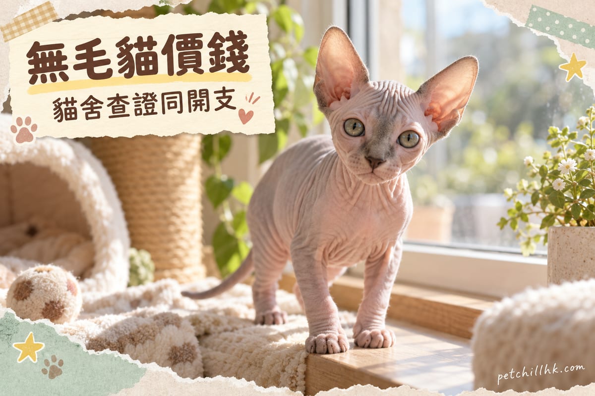 無毛貓幼貓企喺窗邊陽光位望住鏡頭，皮膚皺紋明顯