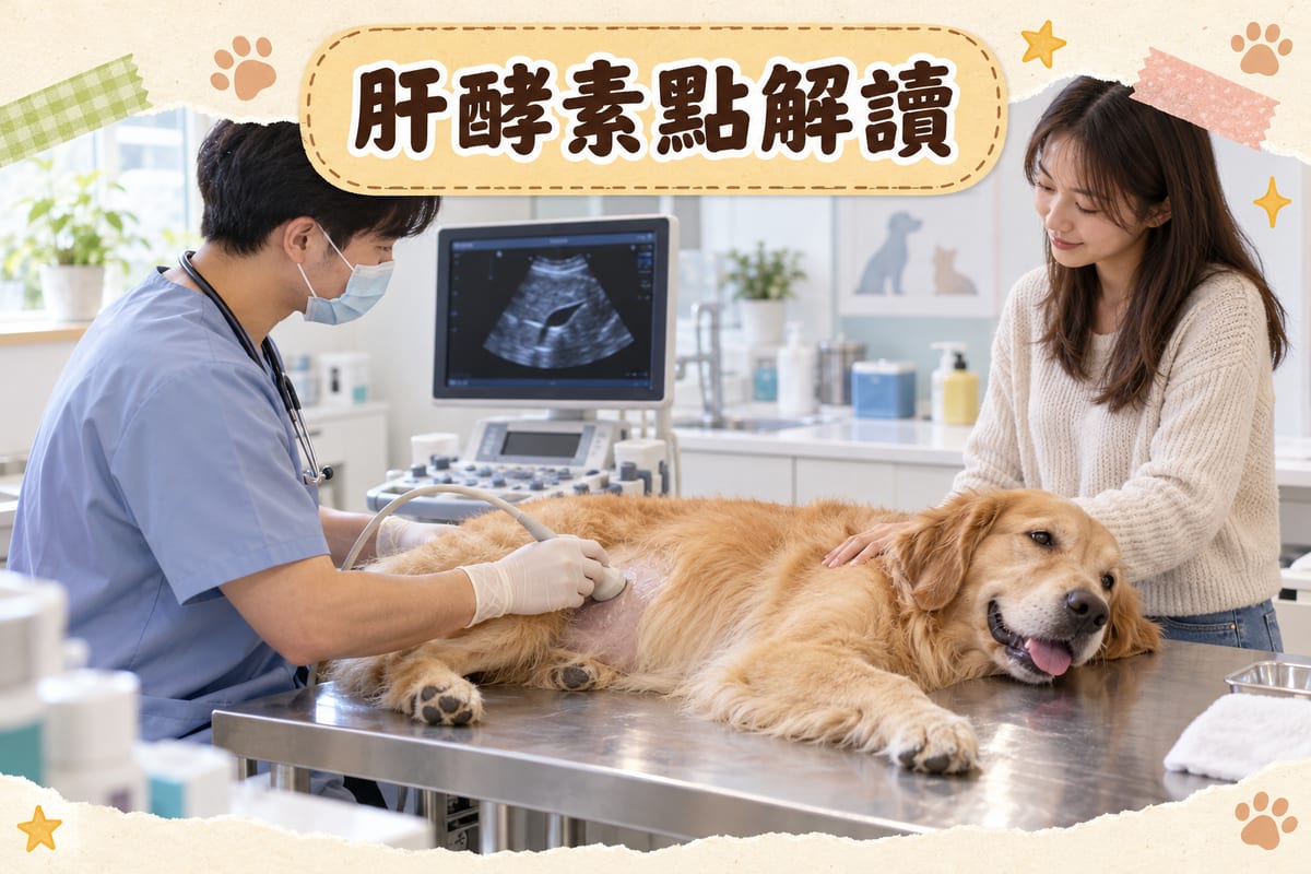 獸醫診所檢查室，獸醫用超聲波探頭貼住一隻金毛尋回犬嘅右側腹部，狗狗側躺喺不鏽鋼診療檯上，主人企喺旁邊輕扶佢，儀器螢幕亮起