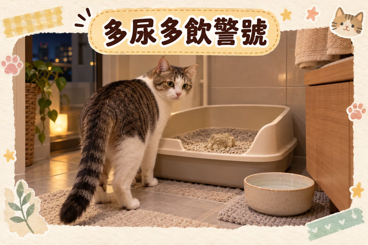 香港家居浴室夜間，一隻短毛家貓企喺貓砂盆邊，砂盆內嘅尿塊明顯偏大，旁邊地磚放住一個盛滿清水嘅陶瓷飲水碗