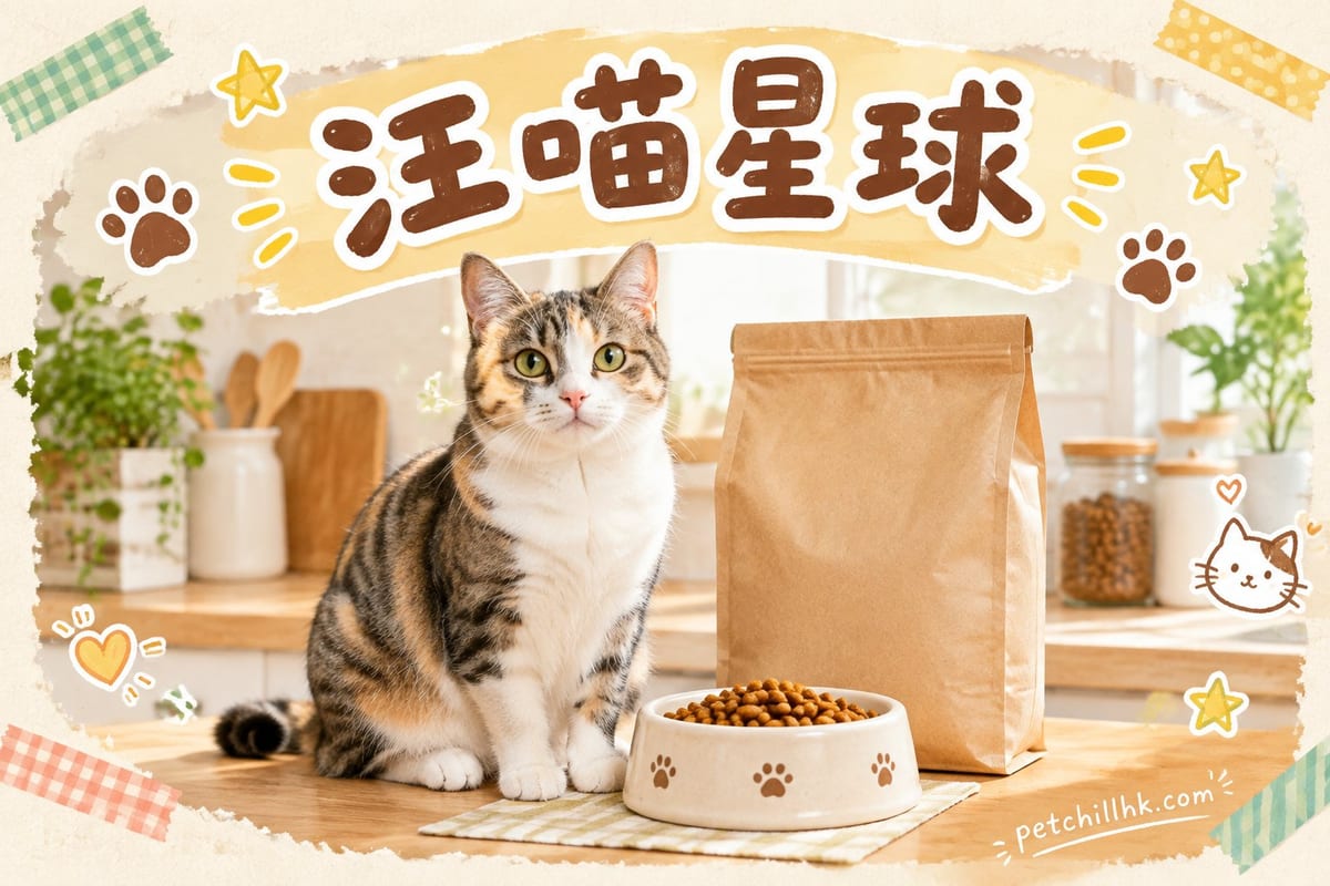 一隻灰貓同隻柴犬隔住料理枱等食，枱上擺汪喵星球包裝同人食級雞肉蔬菜食材