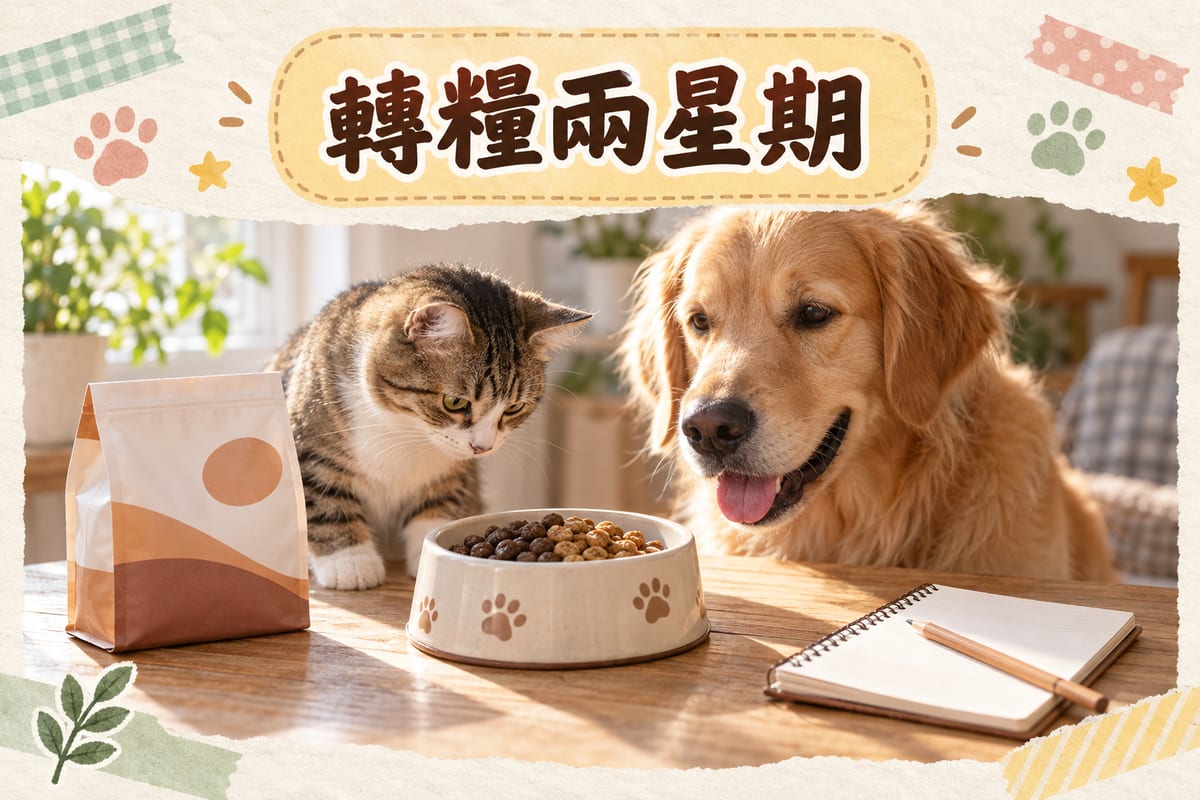 三個細包裝貓糧同奶粉罐放喺木枱上，旁邊有量杯同記錄表