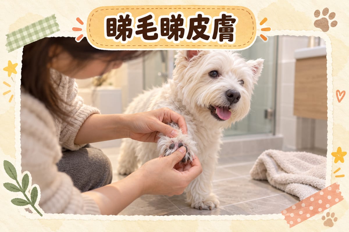 主人喺浴室燈光下撥開西高地白梗嘅前腳毛,檢查趾縫同皮膚顏色