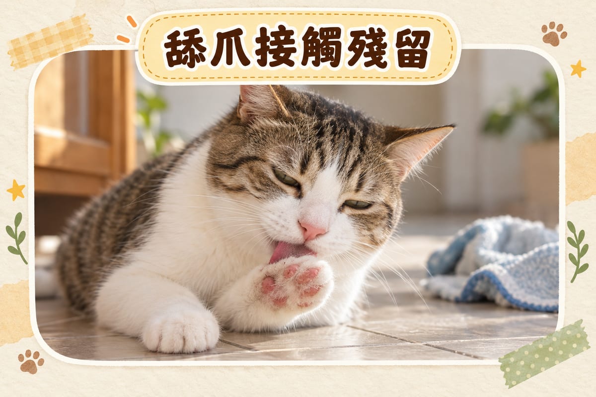 家居清潔場景中貓咪舔爪、爪墊泛紅同頻眨眼嘅接觸途徑示意