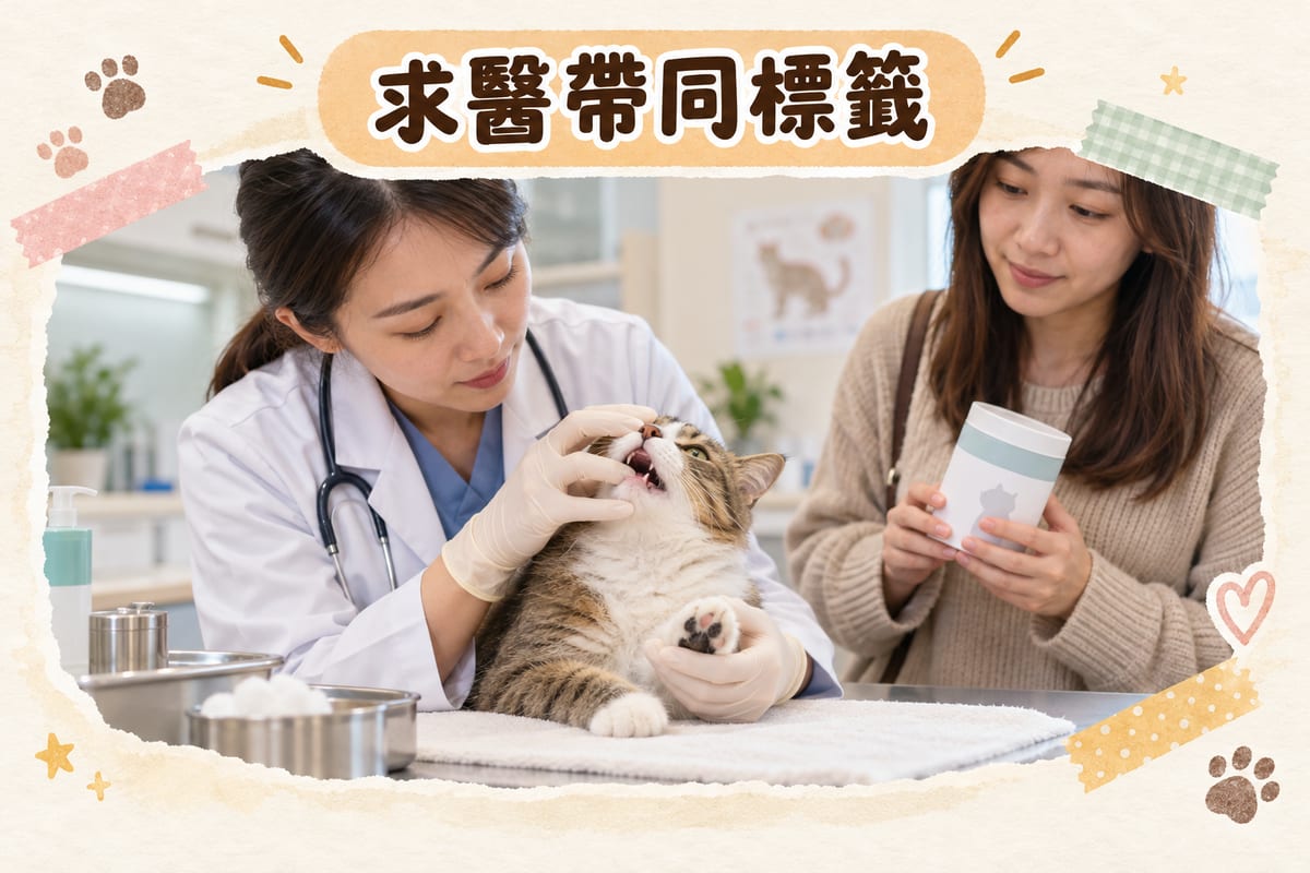 獸醫檢查貓咪口腔黏膜同爪墊，主人手持清潔產品標籤喺旁邊等候