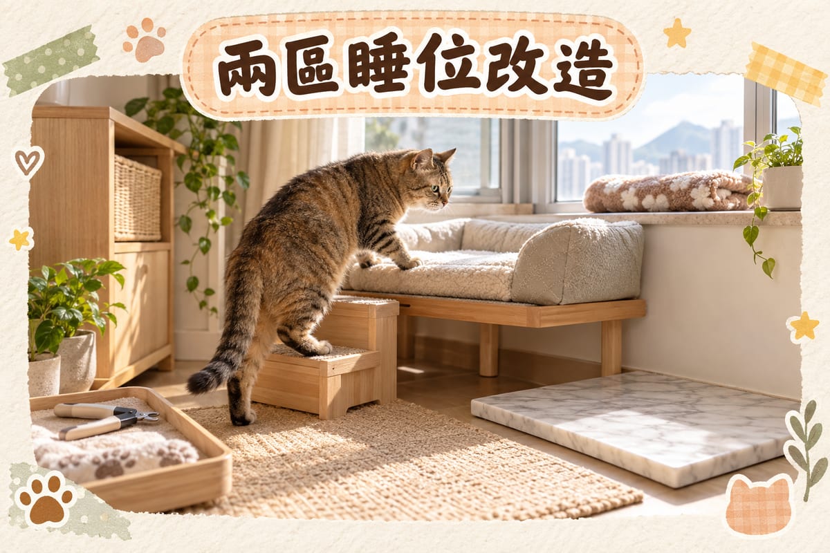 香港單位窗台下，一隻高齡虎斑貓沿住矮凳同腳踏走上離地床墊，旁邊放住雲石墊、保暖墊同爪剪