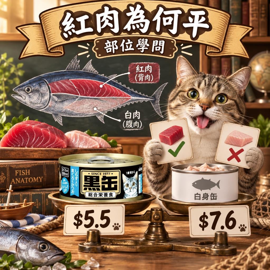 黑缶 vs 普通貓罐頭：鮪魚紅肉部位、$5.5 供應鏈成本與成分 13.9%/0.9% 全拆解