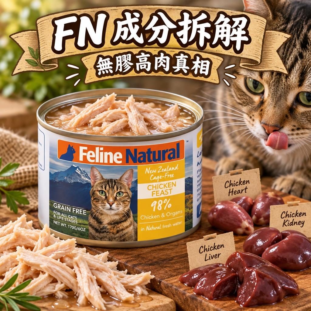 Feline Natural 貓罐頭成分拆解:無卡拉膠、肉絲可見、開罐檢查四步法