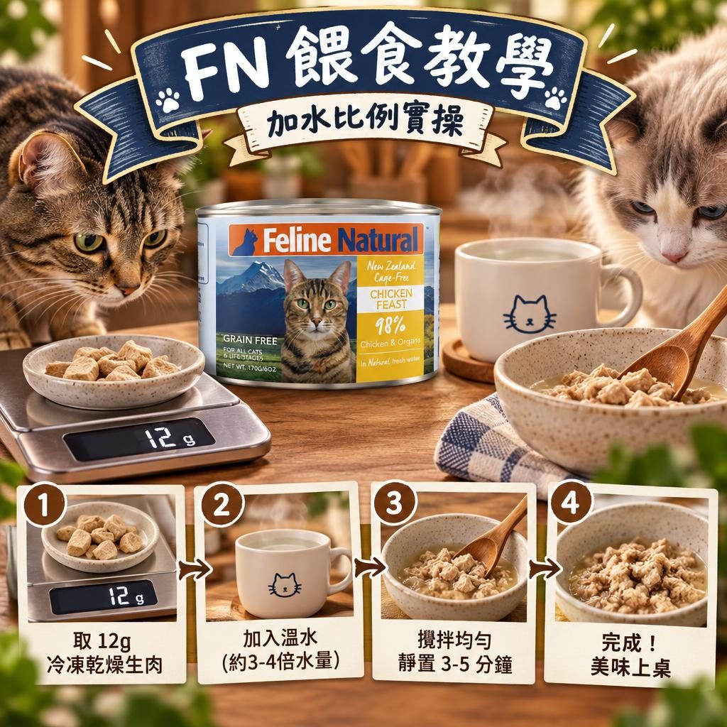 Feline Natural 凍乾餵食教學:加水還原、每日量同食具衛生