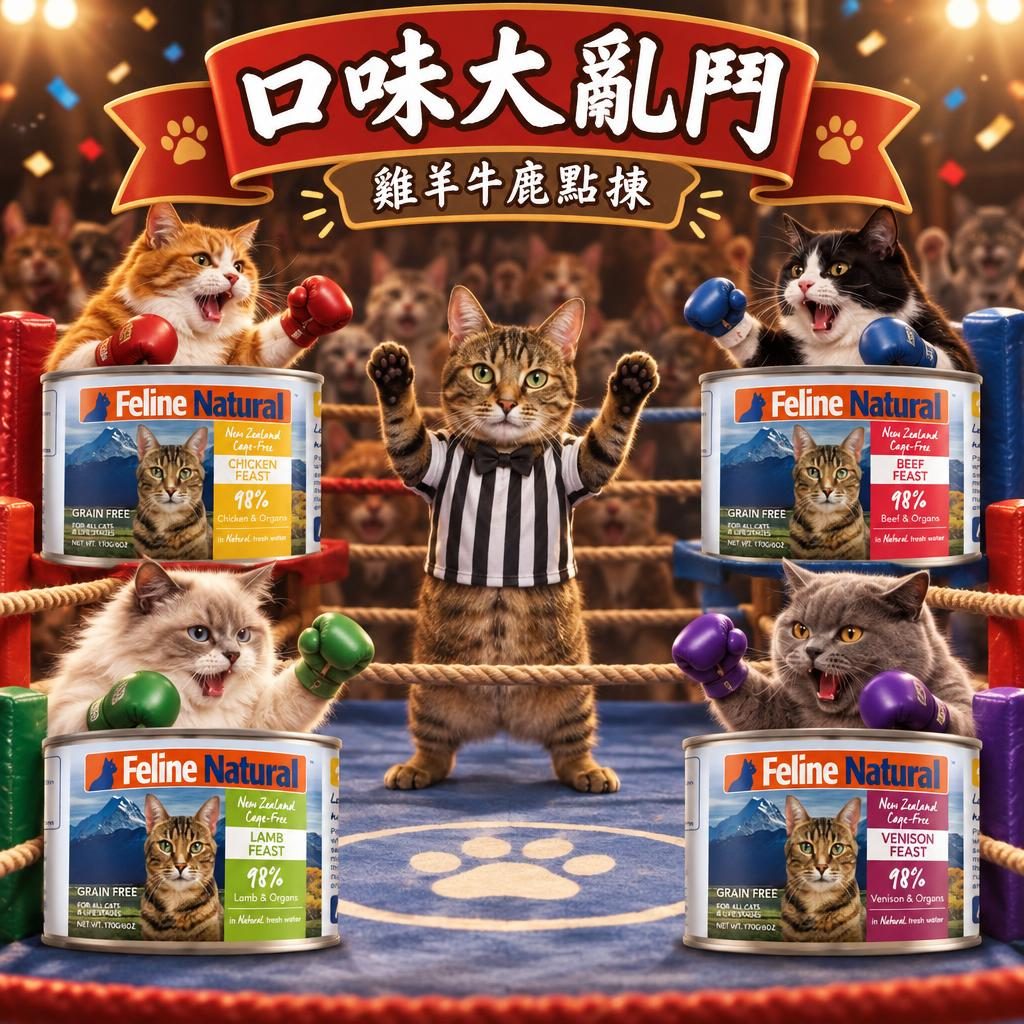 Feline Natural 口味比較:雞肉、羊、牛、鹿、三文魚盛宴線對照表同輪換策略