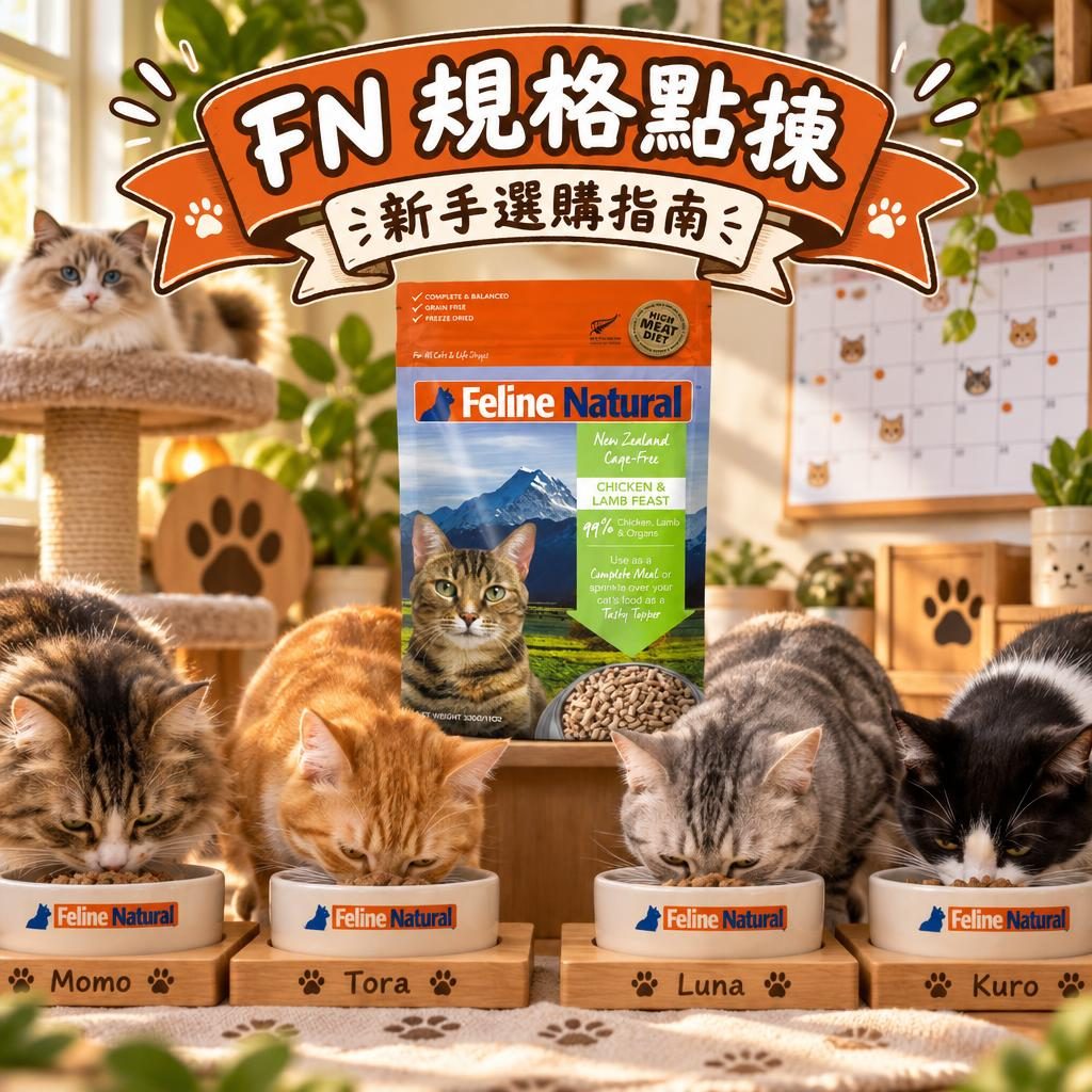 兩隻貓各有標籤碗、牆上掛住 FN 餵食日曆