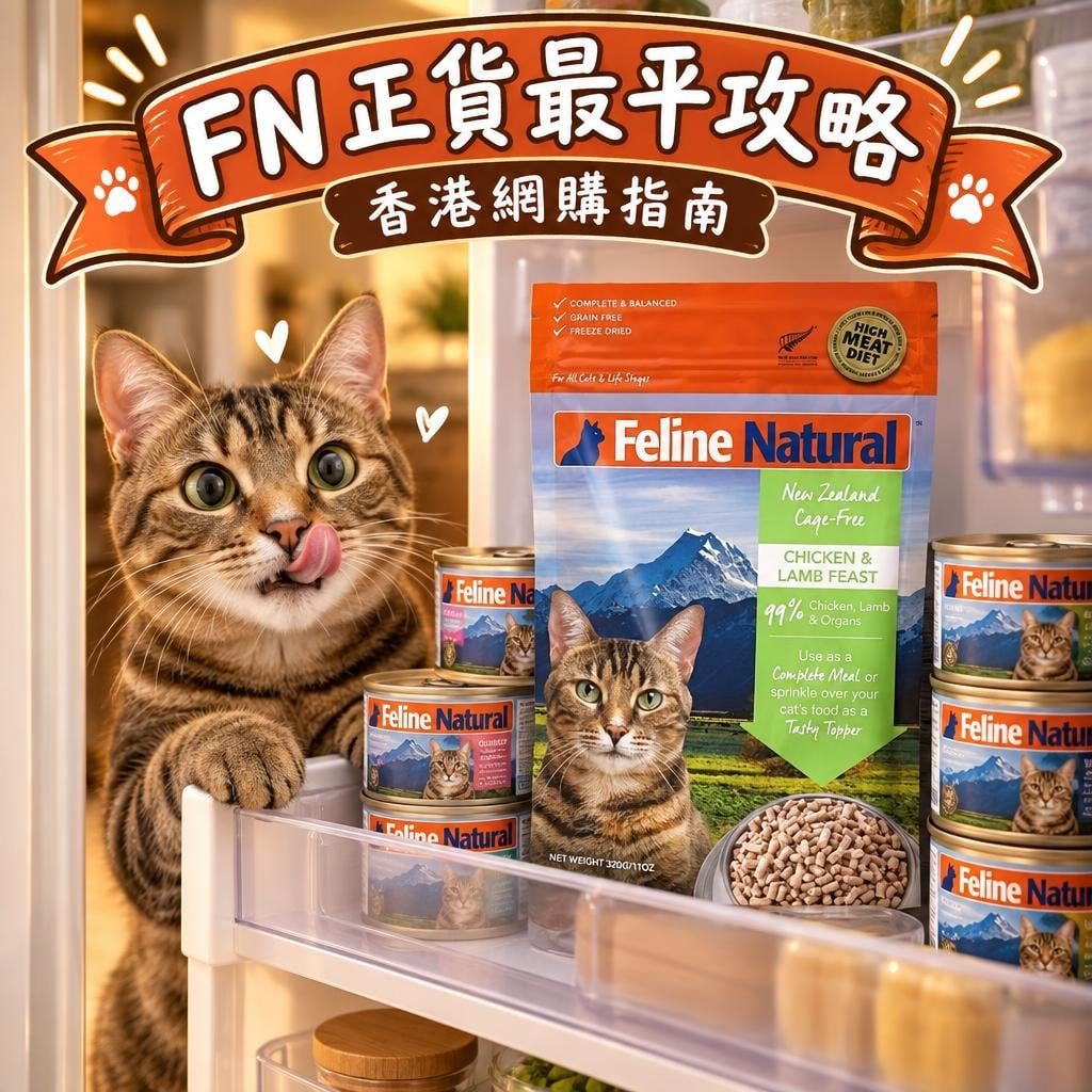 雪櫃格排滿 FN 罐、貓坐喺雪櫃門口望住