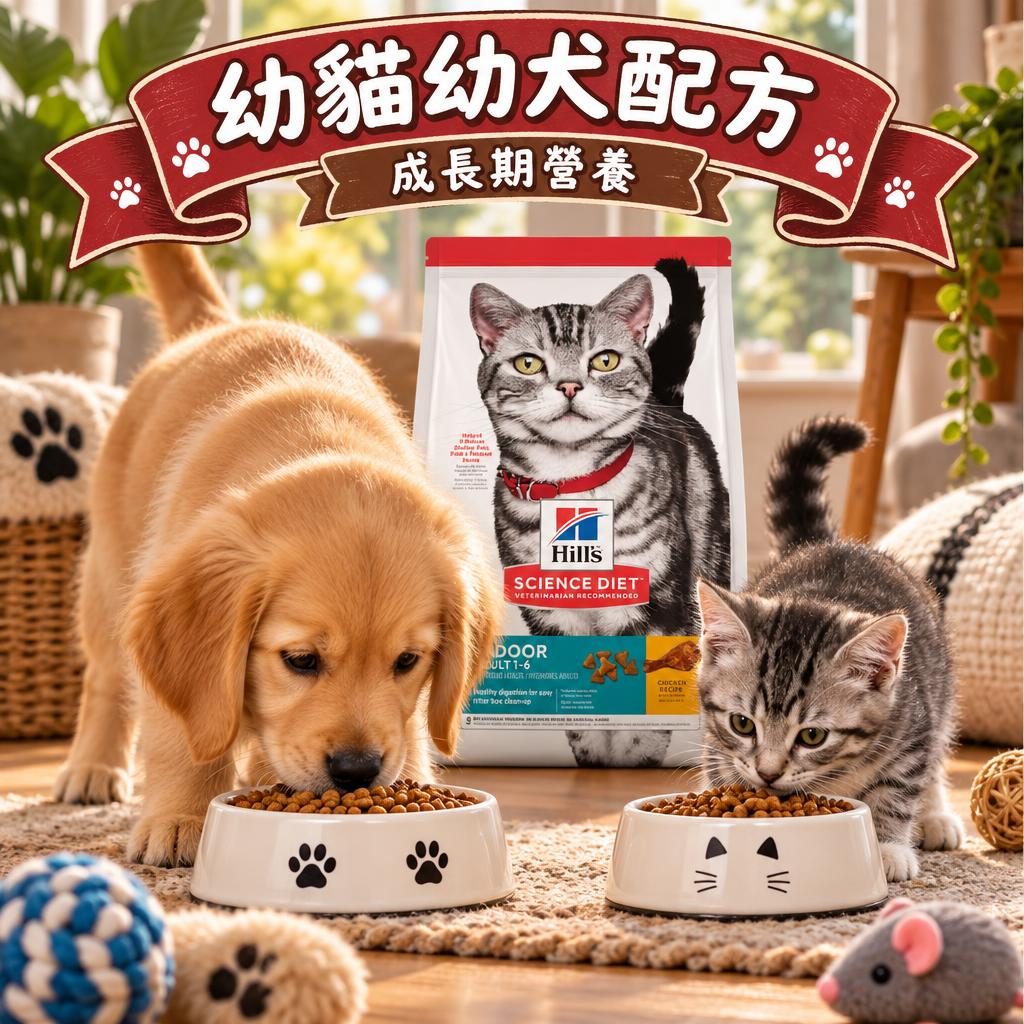 幼貓幼犬各自食碗和樂場景