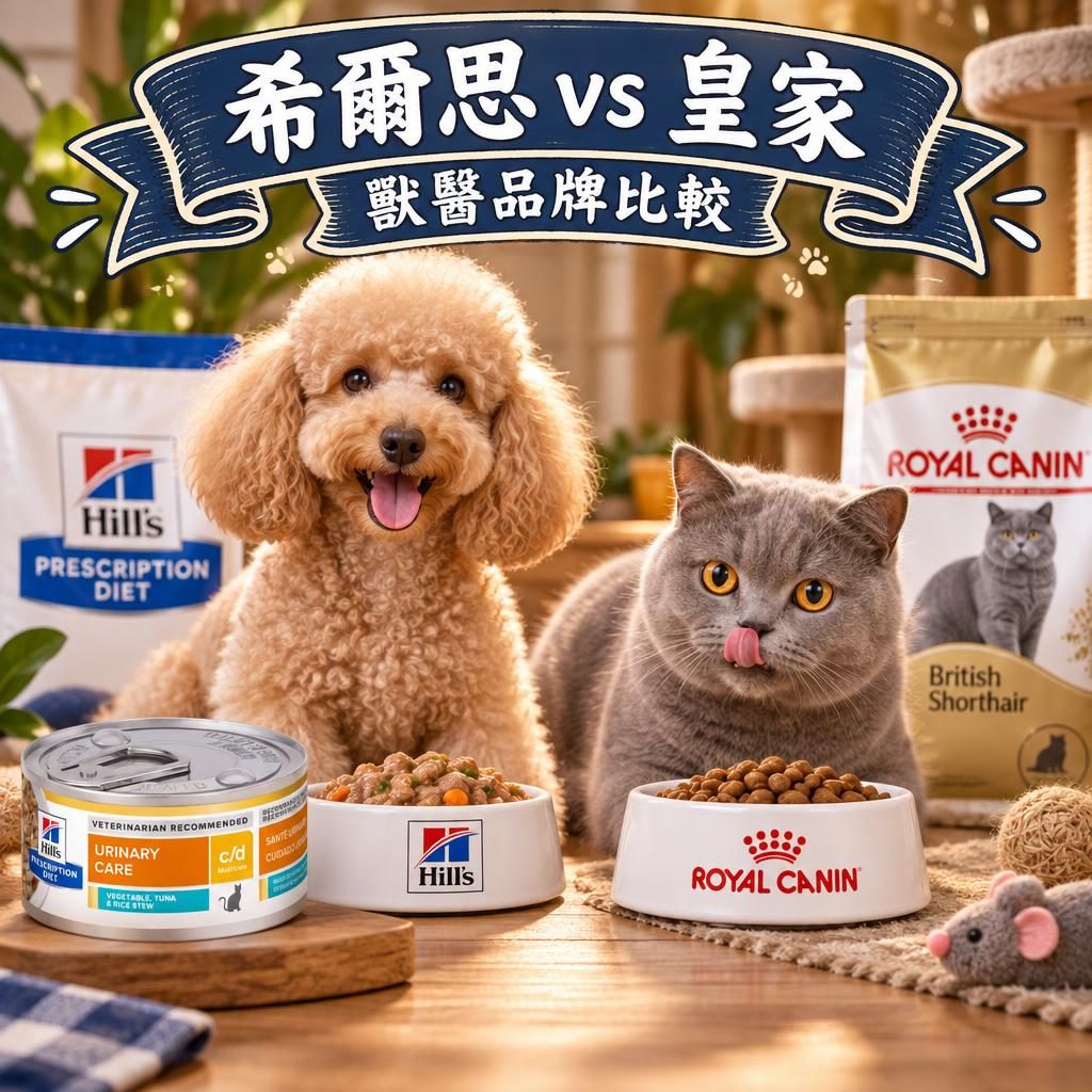 品種貓狗各自食碗嘅場景