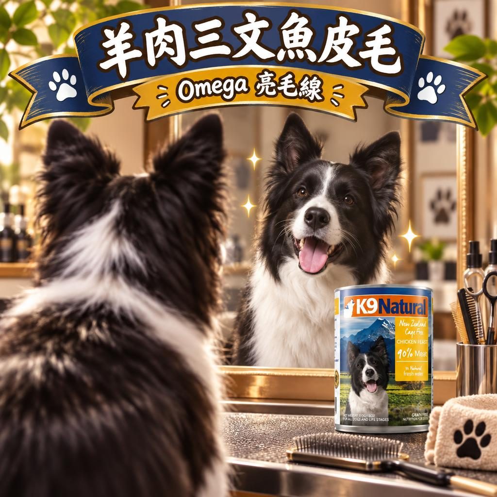 造型沙龍枱上毛色亮麗嘅狗望住鏡,K9 罐做配角