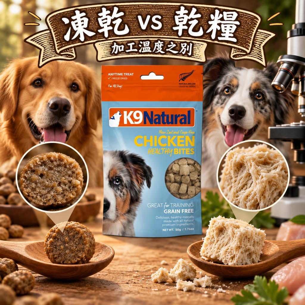 放大鏡下膨化粒剖面 vs 凍乾纖維結構