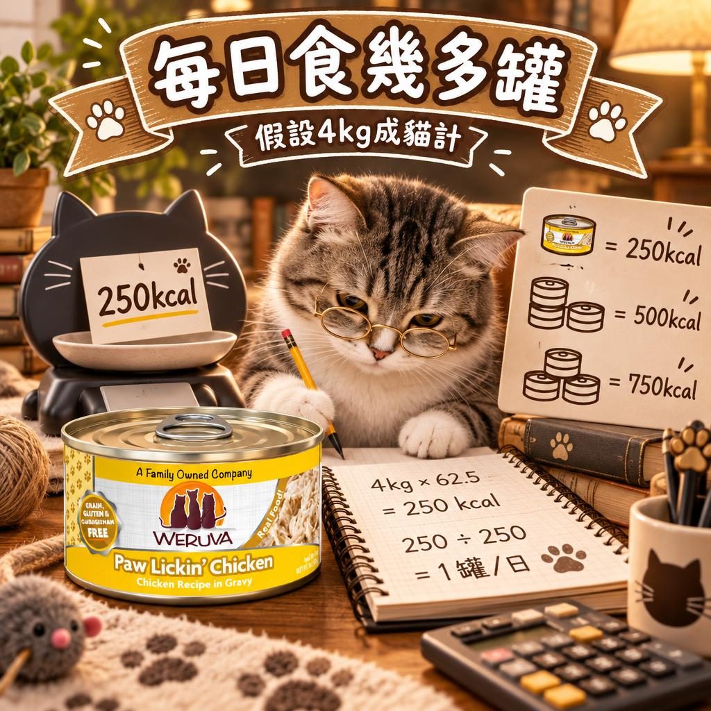 WeRuVa 餵食份量指南：體重、年齡、罐數點計（假設框架＋BCS 摸肋骨法）