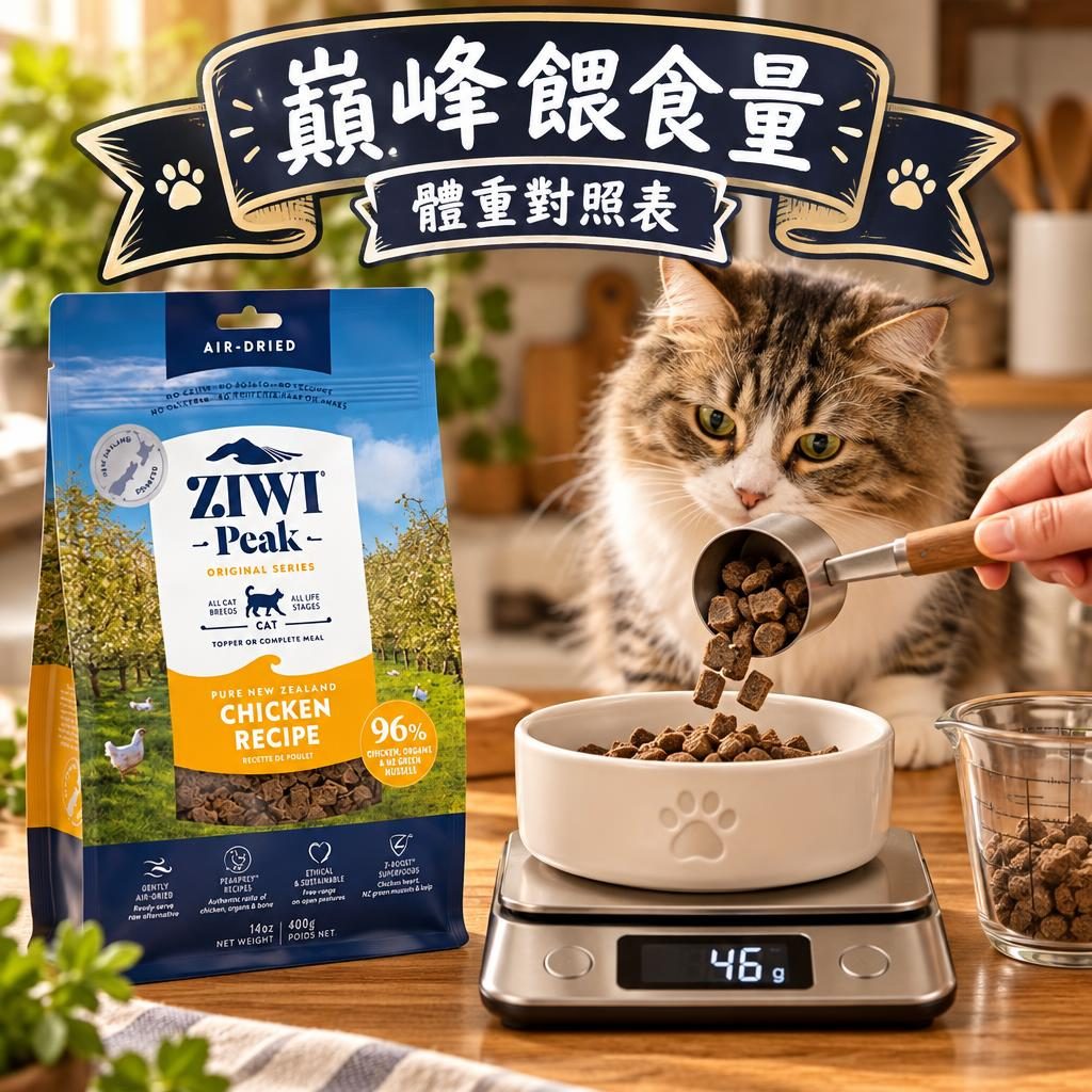 ZiwiPeak 餵食量指南:4kg 貓每日 46g、10kg 犬 96g 實例計算